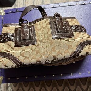 Coach brown jacquard and leather trim.  SoHo signature zip tote handbag.